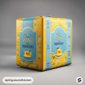 Yellow box with blue floral patterns and 'Squirters' print.