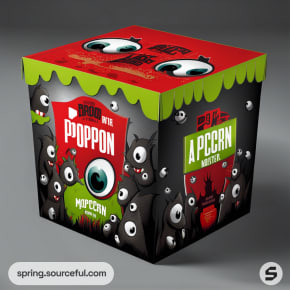 Colorful popcorn box with monster-themed design, featuring cartoon eyeballs and red, green, and black colors.