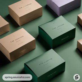 Assorted elegant packaging boxes with minimalist design on a green backdrop.