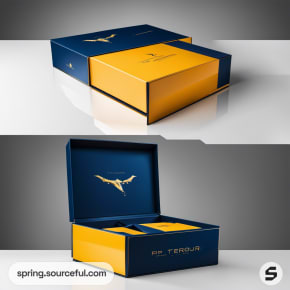 Blue and orange drawer box with interior print of pterosaur, elegant.