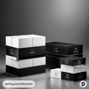 Stack of white and black packaging boxes with elegant design on a metallic surface.