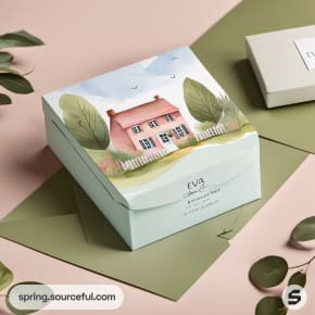 Box with pastel house illustration, placed on a green and beige surface with leaves.