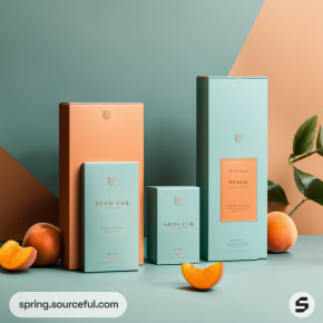 Vertical teal and orange packaging with apricots.