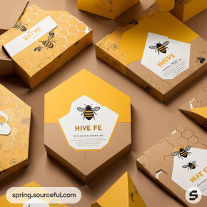 Hexagon-shaped honey packaging with bee designs.