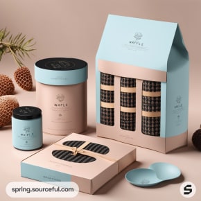 Luxurious bath product set with cylindrical containers, gift box, and blue lid, on a natural-themed background.