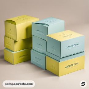 Layered pastel boxes in green, yellow, and blue.