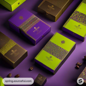 Colorful mailer boxes with purple, green, and gold geometric patterns on a dark surface with coffee beans.