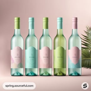 Five wine bottles with pastel labels in green, pink, and mint, set against a subtle pink background with palm leaves.