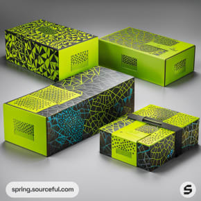 Vibrant geometric mailer boxes in green, yellow, and black with intricate mosaic patterns.