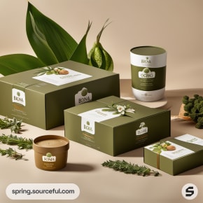 Green and beige product boxes with botanical elements