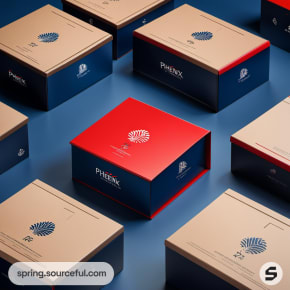 Red and blue premium boxes with minimalist design.