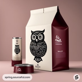 Coffee packaging with black owl design on white and burgundy, featuring cylindrical tins.