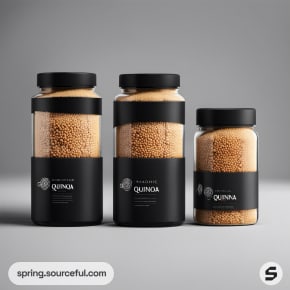 Three transparent jars filled with quinoa grains with black lids and labels.