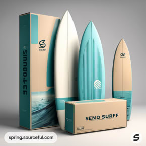 Teal and beige packaging with surfboards and 'SEND SURF' text.