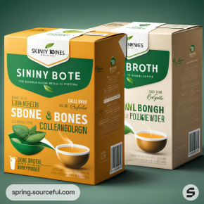 Green and beige cartons for bone broth drinks.