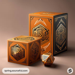 Large dice boxes in orange and black with matching dice.