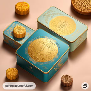 Blue and gold rectangular tin boxes with embossed designs and mooncakes.