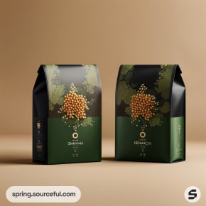 Two dark resealable pouches with a floral and bean design.