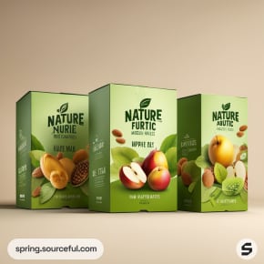 Three green boxes featuring peaches, nuts, and leaf designs.