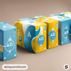 Cardboard boxes with blue and yellow designs featuring abstract patterns and an AD label.