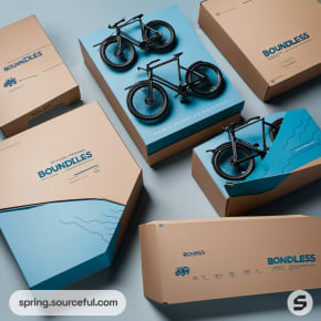 Boxes with 'Bondles' branding and bicycle graphics, in beige and blue.