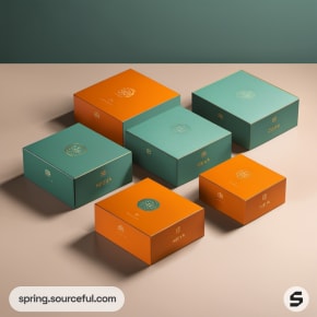 Green and orange packaging boxes on a beige surface, varying sizes.