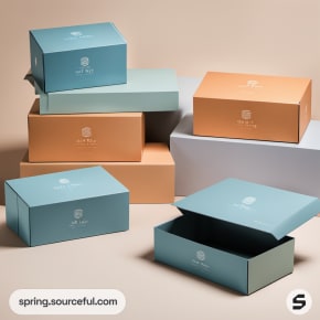 Open and closed pastel boxes in varying sizes on a beige backdrop.