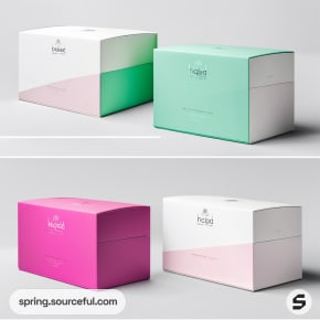 Two rectangular product boxes, one mint green and white, the other pink and white, on a white background.