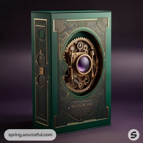 Futuristic green box with intricate gold mechanical design and central lens feature on dark background.