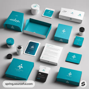 Teal packaging set with leaf design motif.