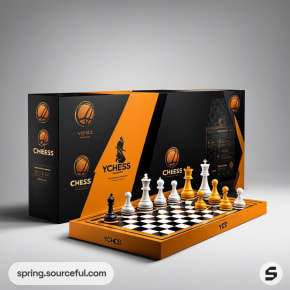 Chess set packaged in black and orange box with visible board.