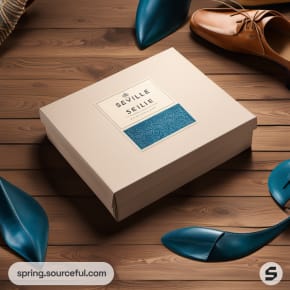 White box on wooden table with blue detail and brown shoes nearby.