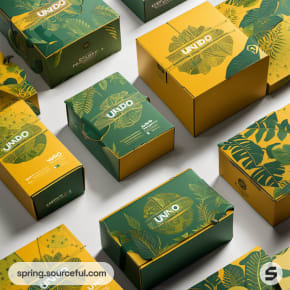 Green and yellow boxes with botanical patterns.