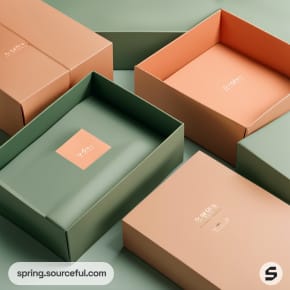 Assorted green and peach mailer boxes with minimal design on a green surface.