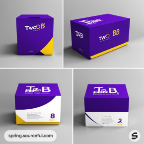 Four square boxes with purple and yellow design on gray backdrop.