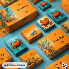 Assorted orange and blue boxes with crab illustrations on a blue surface.