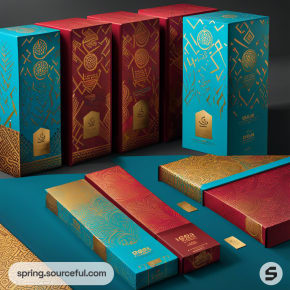 Elegant rectangular boxes in teal and red with gold geometric designs and hexagonal labels.