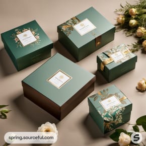 Assorted green and gold boxes with intricate floral designs.