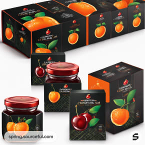 Oranges and cherries on black jam boxes in a side view.