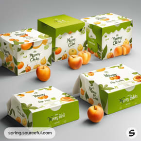 White and green boxes with fruits and text on a gray surface.