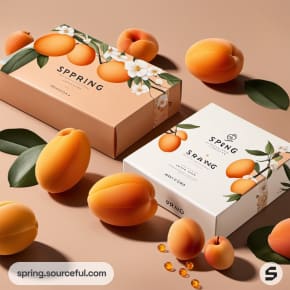 Boxes with apricot designs surrounded by apricots.