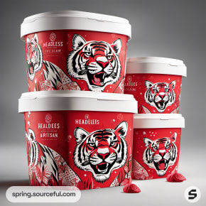 Ice cream tubs stacked with fierce tiger designs on red packaging.