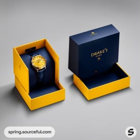 Single watch displayed in navy and yellow presentation box.