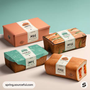 Peach and teal bread loaf packaging with decorative wrappers and labels.