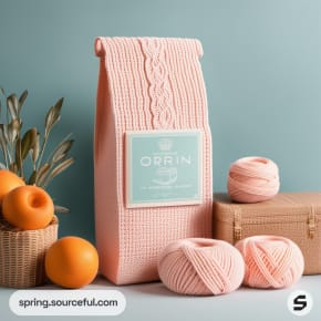 Knitted peach gift set with yarn and oranges on the side.