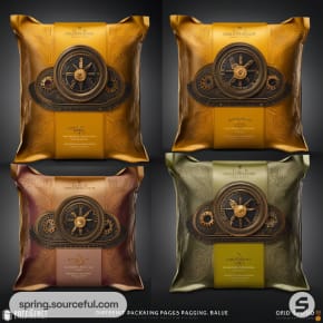 Four pillow packaging designs in metallic gold, bronze, red, and green with ornate clockwork elements.