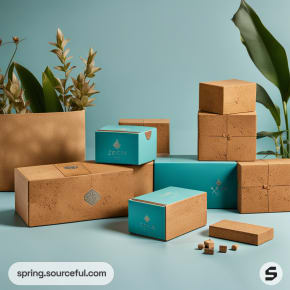 Various brown and teal boxes arranged with a plant backdrop on a teal surface.