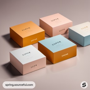 Pastel square boxes with minimalist text.