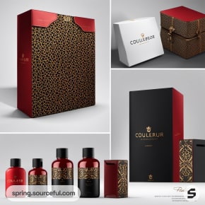 Luxury bottles and boxes with leopard and red designs.