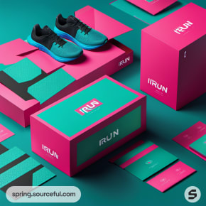 Teal and pink shoe box with teal running shoes and matching packaging items.